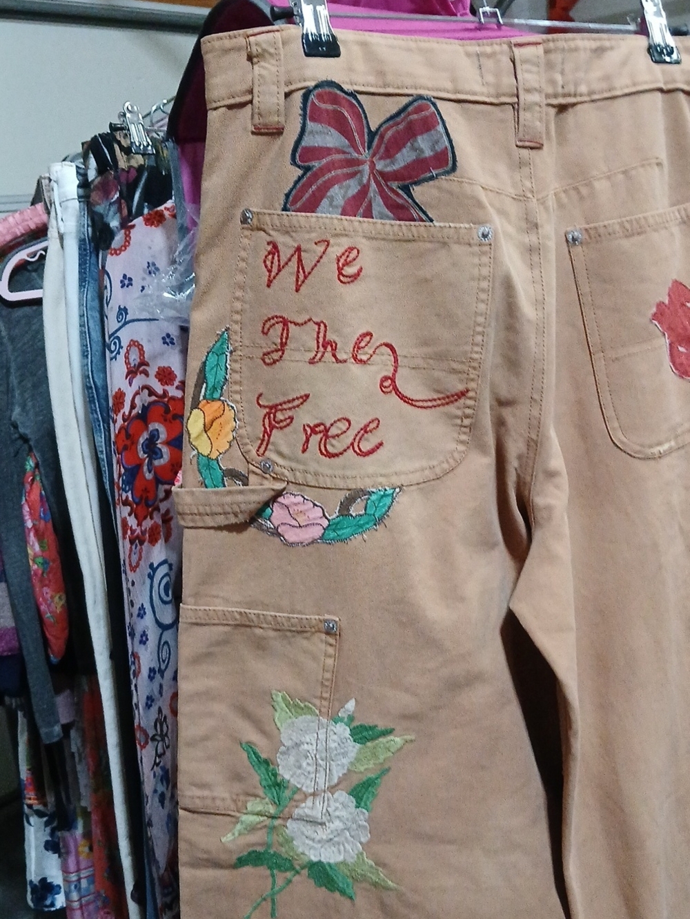 Free People "Bright Time Craft" Tan Embroidered Floral Wide-Leg Jeans - Picture 13 of 14